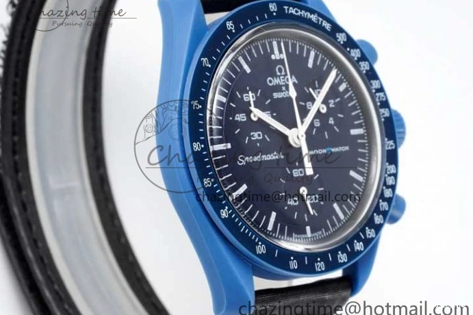 0211 ZipUp Speedmaster Misson To Neptune 1:1 Best Edition Blue Dial On Nylon Strap Quartz 7854